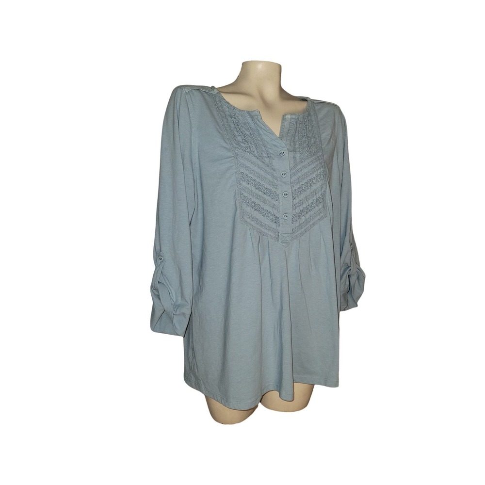 Charter Club Woman 2X Light Blue Lace Trim Roll Tab Sleeve Henley Top momcore